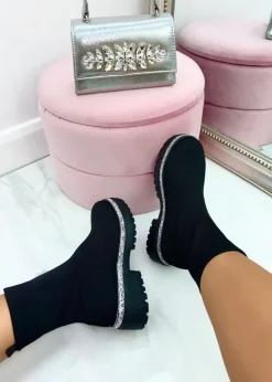 Love Lemonade Black Sparkly Stretch Chunky Sock Boots