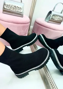 Love Lemonade Black Sparkly Stretch Chunky Sock Boots