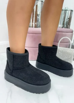 Love Lemonade Black Sparkly Rhinestone Snugg Mini Boots