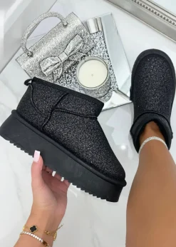 Love Lemonade Black Sparkly Glitter Snugg Platform Boots