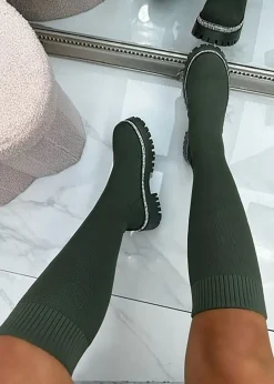 Love Lemonade Khaki Sparkly Calf Stretch Sock Boots