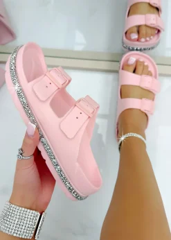 Love Lemonade Pink Crystal Trim Lightweight Double Strap Sliders