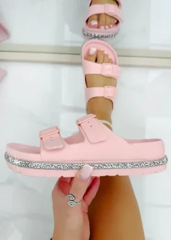 Love Lemonade Pink Crystal Trim Lightweight Double Strap Sliders