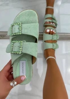Love Lemonade Sage Green Crystal Boho Suede Double Buckle Sliders