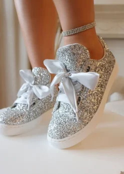 Love Lemonade Silver Sparkly Glitter Ribbon Lace Trainers