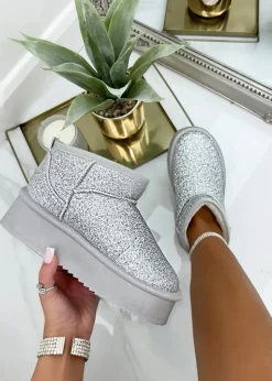 Love Lemonade Silver Sparkly Glitter Snugg Platform Boots