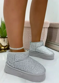 Love Lemonade Silver Sparkly Glitter Snugg Platform Boots