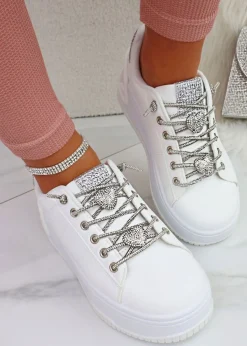 Love Lemonade White Crystal Hearts Sparkly Lace Up Trainers