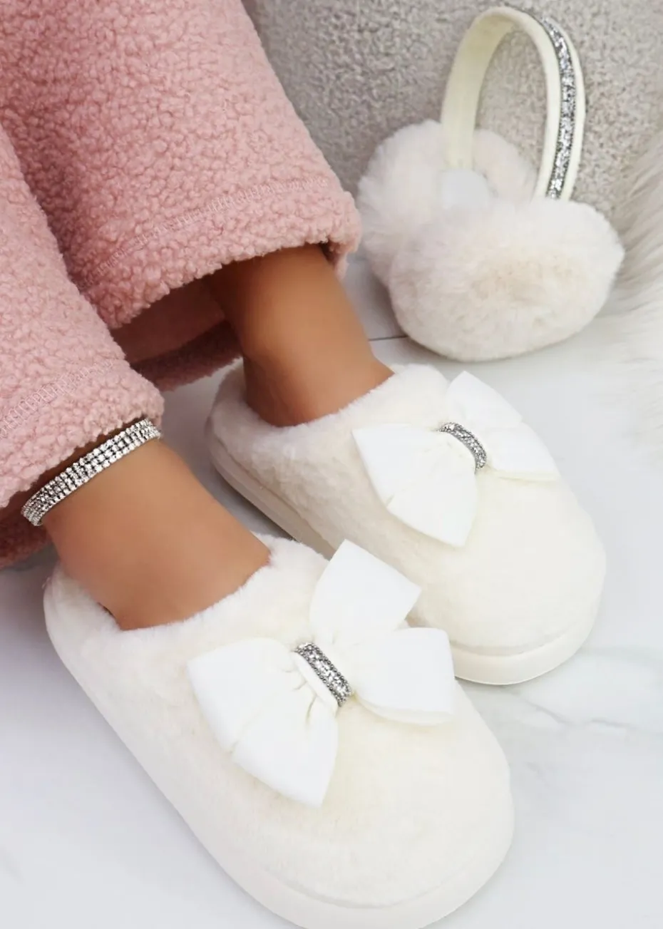 Love Lemonade White Sparkly Bow Plush Lightweight Slippers