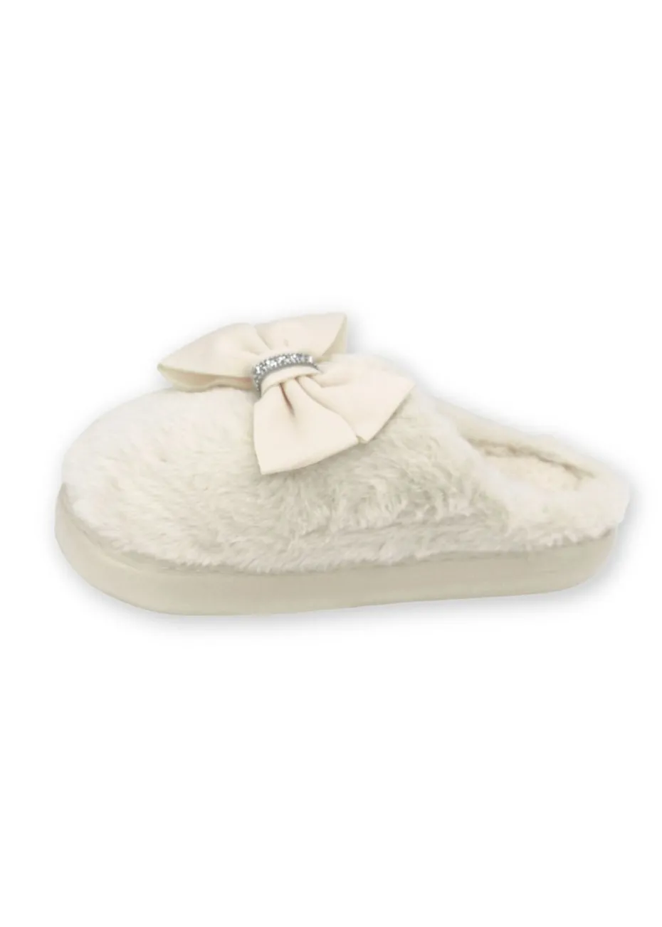 Love Lemonade White Sparkly Bow Plush Lightweight Slippers