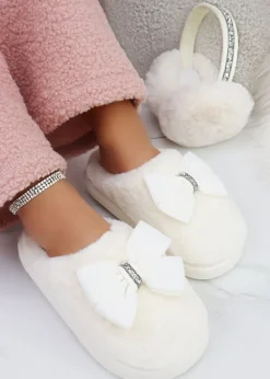 Love Lemonade White Sparkly Bow Plush Lightweight Slippers
