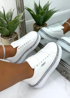 Love Lemonade White Sparkly Wedge Trim Trainers