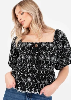 Lovedrobe Black Broderie Square Neck Short Puff Sleeve