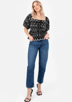 Lovedrobe Black Broderie Square Neck Short Puff Sleeve