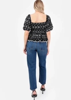Lovedrobe Black Broderie Square Neck Short Puff Sleeve