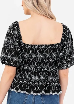 Lovedrobe Black Broderie Square Neck Short Puff Sleeve