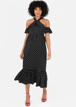 Lovedrobe Black Polka Dot Could Shoulder Halter Neck Midaxi Dress