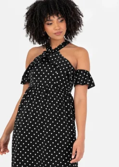 Lovedrobe Black Polka Dot Could Shoulder Halter Neck Midaxi Dress