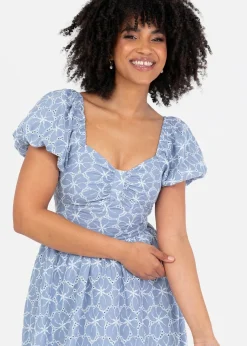 Lovedrobe Blue Short Puff Sleeve Midi Dress With Bow Detail