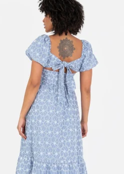Lovedrobe Blue Short Puff Sleeve Midi Dress With Bow Detail