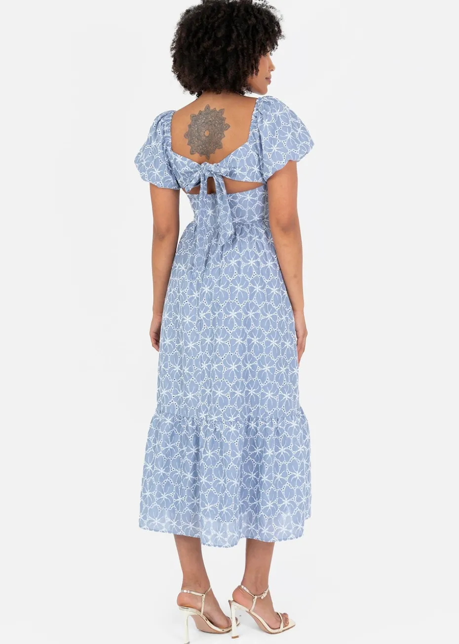 Lovedrobe Blue Short Puff Sleeve Midi Dress With Bow Detail