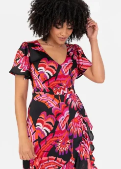 Lovedrobe Floral Angel Sleeve Waterfall Ruffle Midaxi Dress