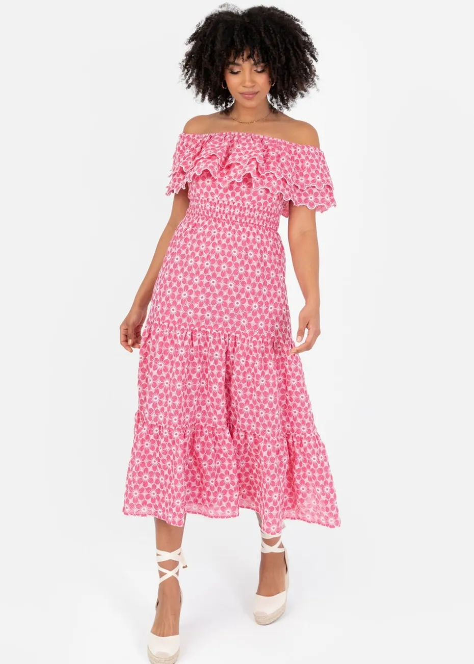 Lovedrobe Floral Embroidery Bardot Neck Pink Midi Dress