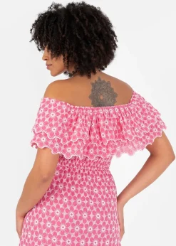 Lovedrobe Floral Embroidery Bardot Neck Pink Midi Dress