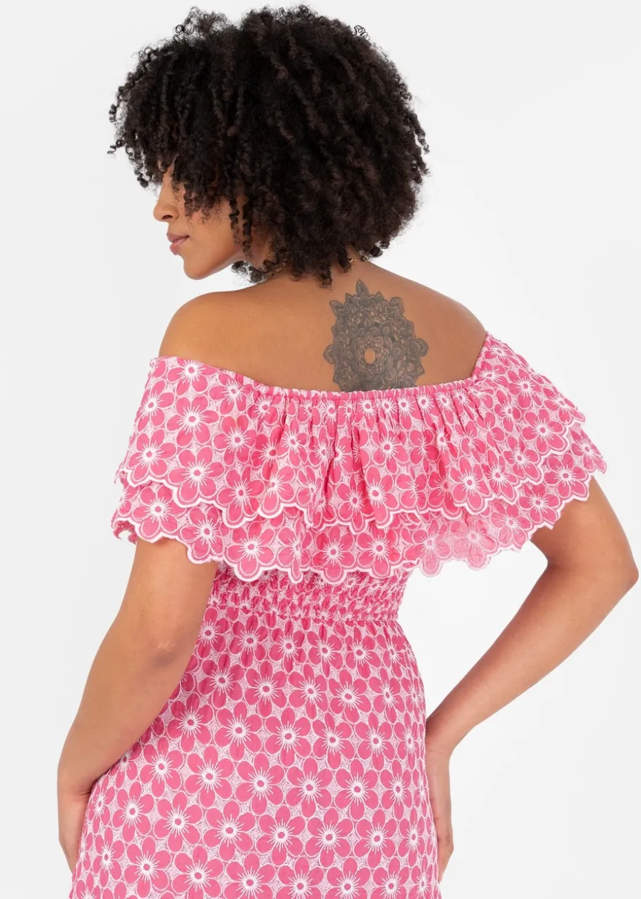 Lovedrobe Floral Embroidery Bardot Neck Pink Midi Dress