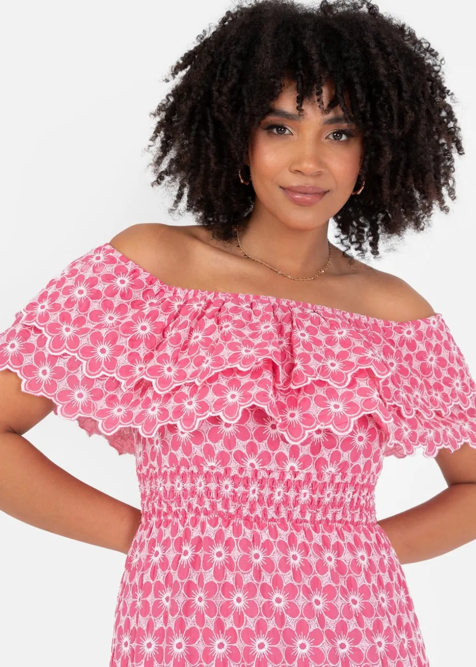 Lovedrobe Floral Embroidery Bardot Neck Pink Midi Dress