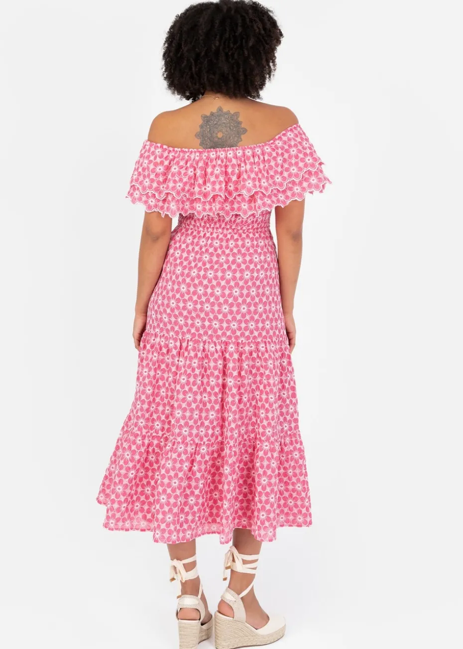 Lovedrobe Floral Embroidery Bardot Neck Pink Midi Dress