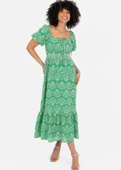 Lovedrobe Green Broderie Tie Neck Midaxi Dress