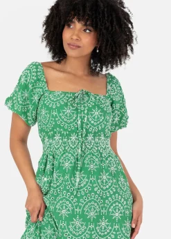 Lovedrobe Green Broderie Tie Neck Midaxi Dress
