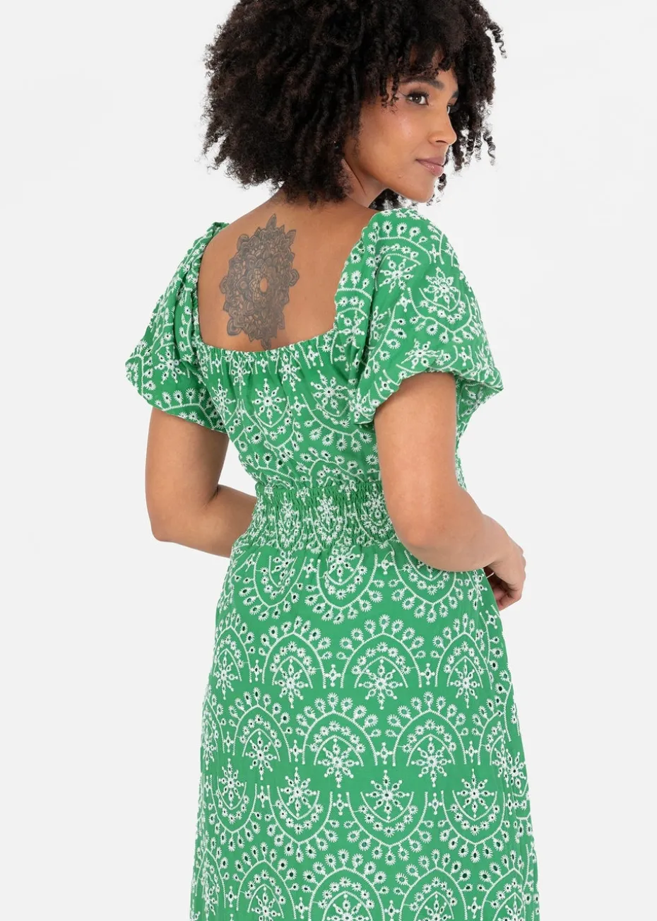 Lovedrobe Green Broderie Tie Neck Midaxi Dress