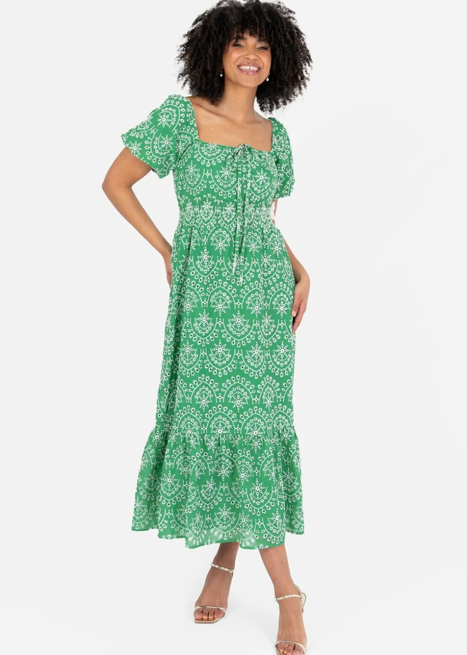 Lovedrobe Green Broderie Tie Neck Midaxi Dress