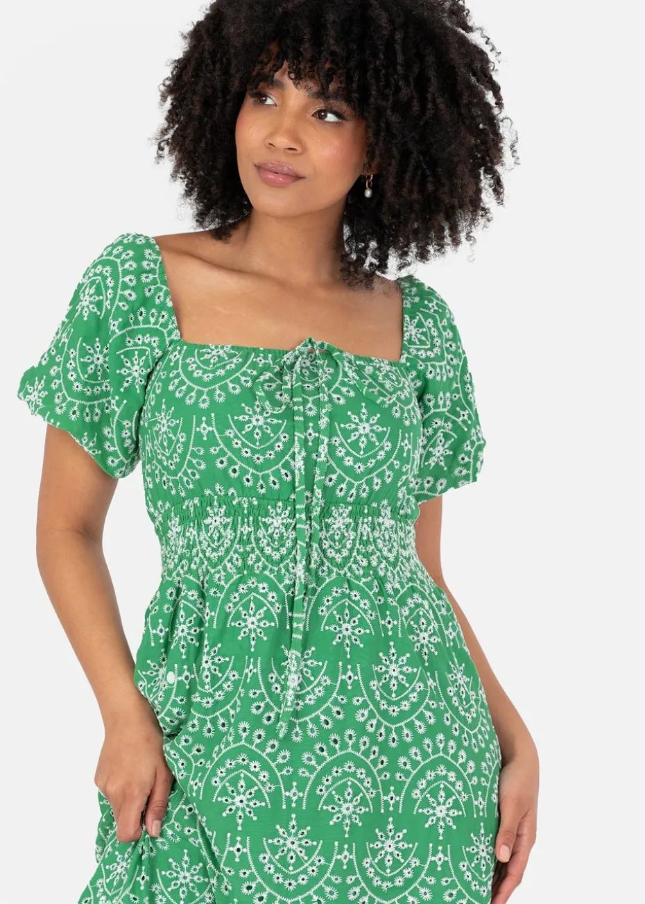 Lovedrobe Green Broderie Tie Neck Midaxi Dress