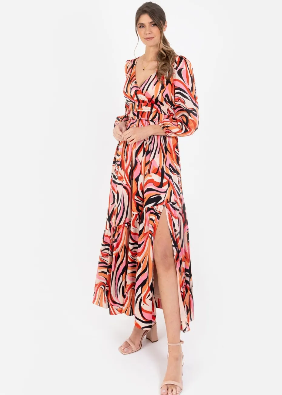 Lovedrobe Multi Long Sleeve Elasticated Satin Midi Dress