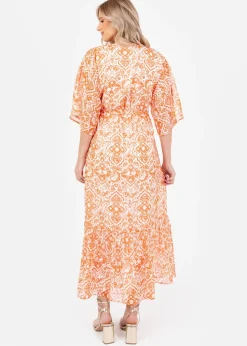Lovedrobe Orange Kimono Sleeve Faux Wrap Midaxi Dress