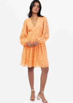 Lovedrobe Orange Puff Sleeve V-Neck Shirred Waist Mini Dress