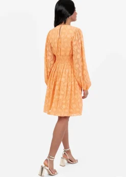 Lovedrobe Orange Puff Sleeve V-Neck Shirred Waist Mini Dress