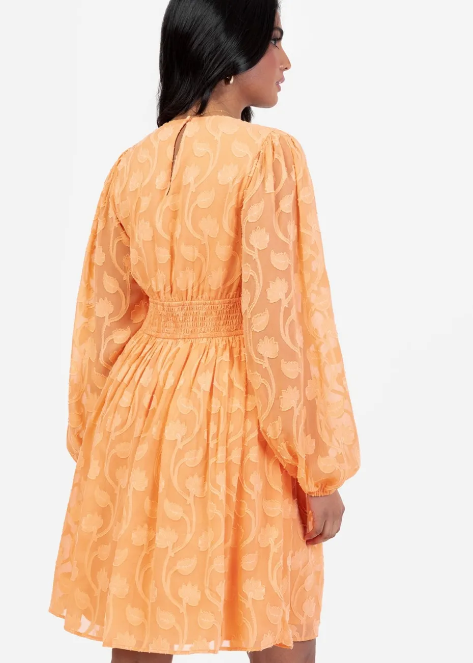 Lovedrobe Orange Puff Sleeve V-Neck Shirred Waist Mini Dress