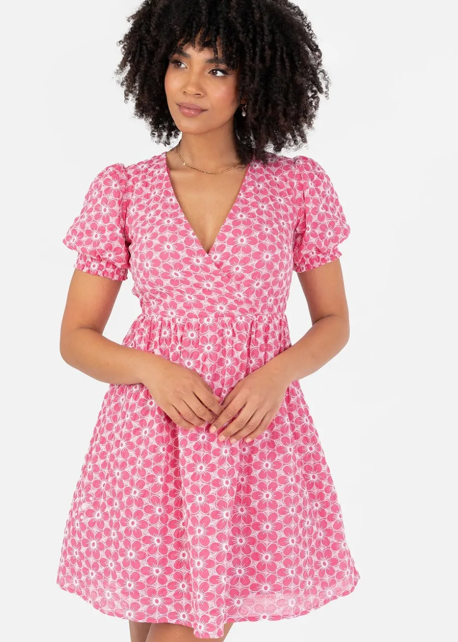 Lovedrobe Pink Floral Embroidered Short Sleeve Faux Wrap Mini Dress