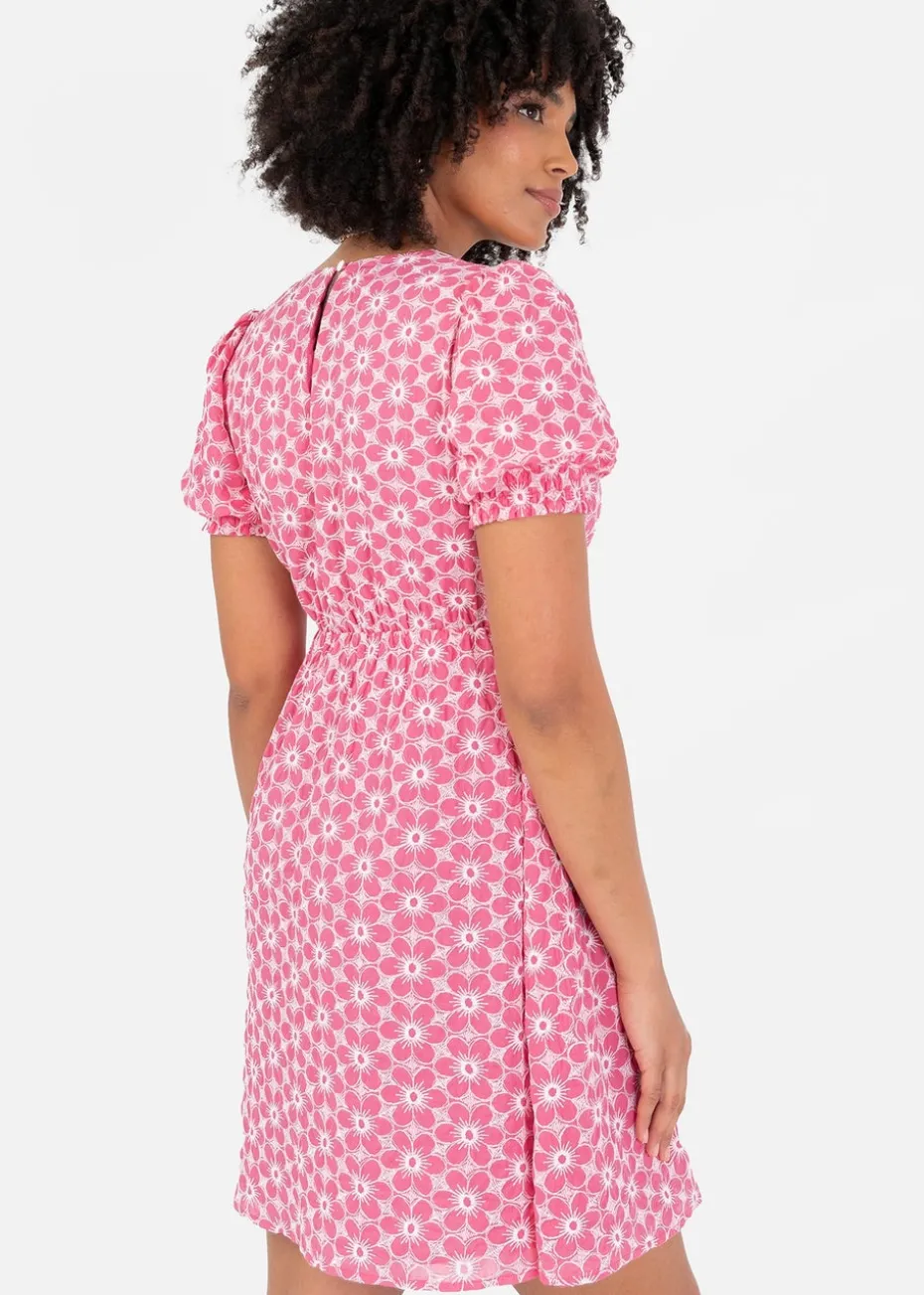 Lovedrobe Pink Floral Embroidered Short Sleeve Faux Wrap Mini Dress