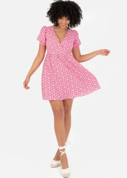 Lovedrobe Pink Floral Embroidered Short Sleeve Faux Wrap Mini Dress