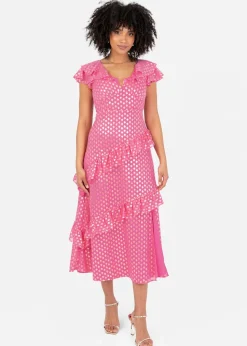 Lovedrobe Pink Flutter Sleeve V Neck Ruffled Midaxi Dress