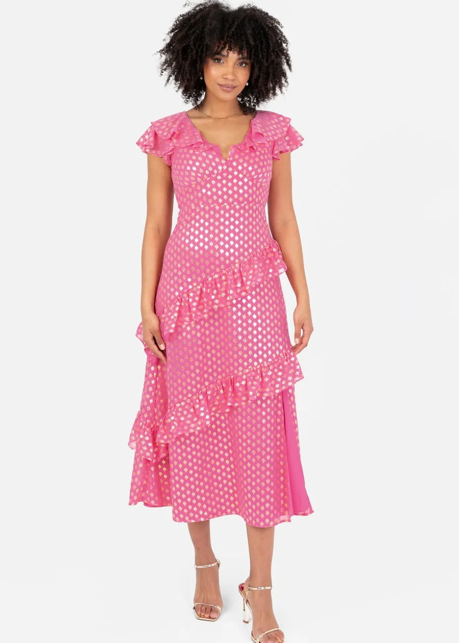 Lovedrobe Pink Flutter Sleeve V Neck Ruffled Midaxi Dress