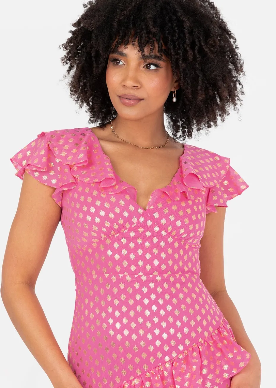 Lovedrobe Pink Flutter Sleeve V Neck Ruffled Midaxi Dress