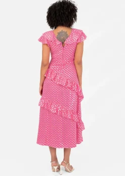 Lovedrobe Pink Flutter Sleeve V Neck Ruffled Midaxi Dress