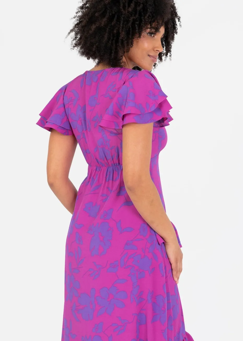 Lovedrobe Purple Floral V Neck Flutter Sleeve Midaxi Dress