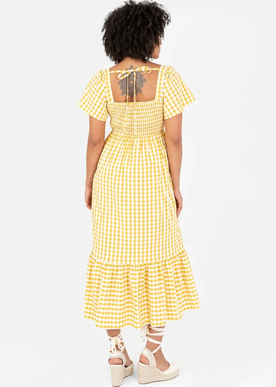 Lovedrobe Yellow Gingham Square Neck Midaxi Dress